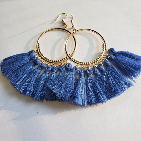 Jewelry - *3 for $18* Blue Tassel Hoops